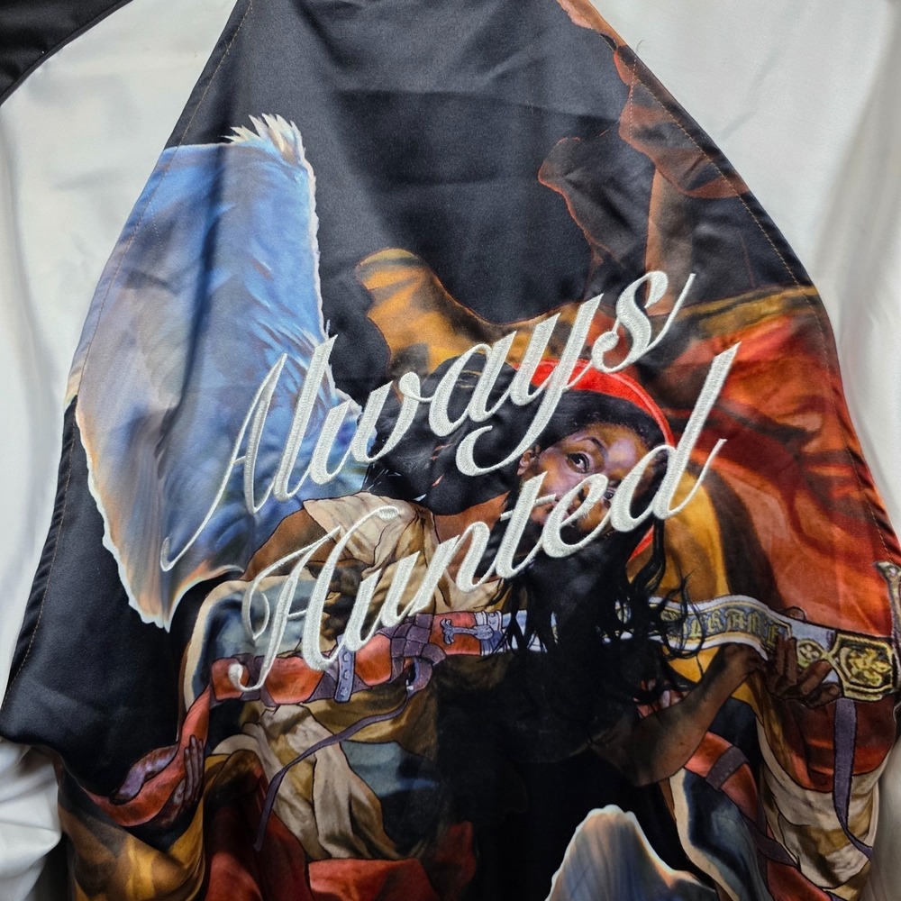 AKOO Bomber Jacket Mens XL Multicolor Always Hunted Graphic Satin Full Zip